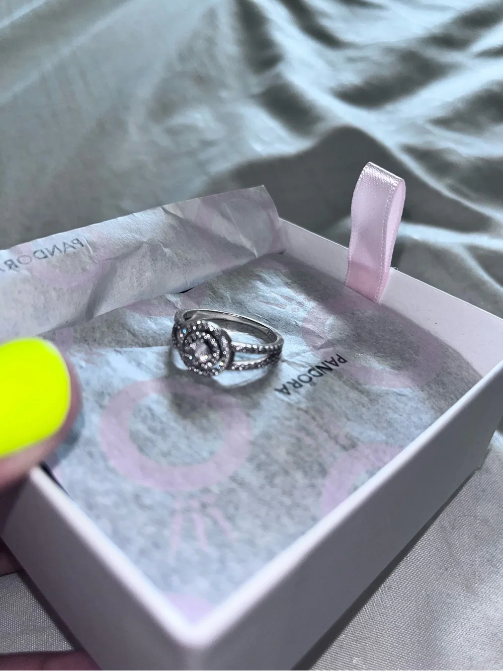 Pandora Sterling Silver Ring with Pink Accents and Halo Pavé